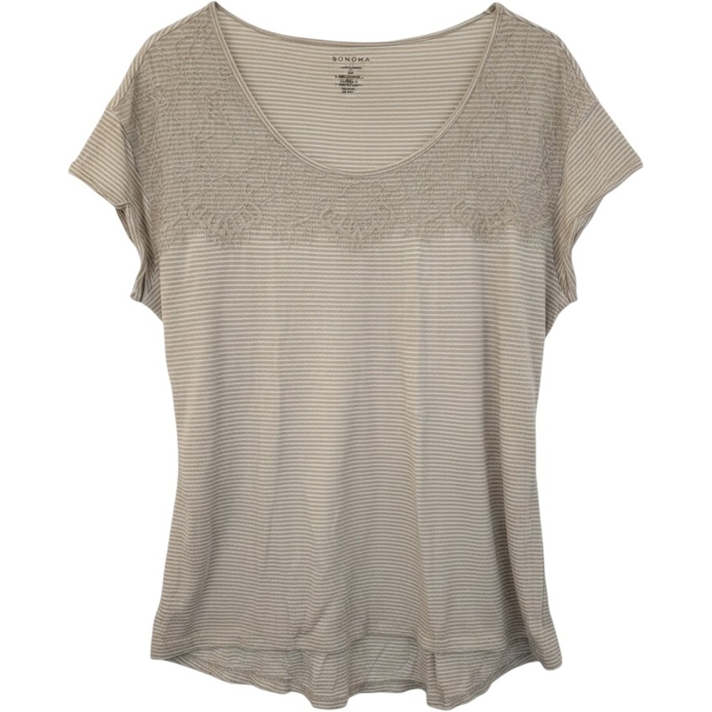 Sonoma Life Style Tan White Striped Lace Accent Cotton Top, Large